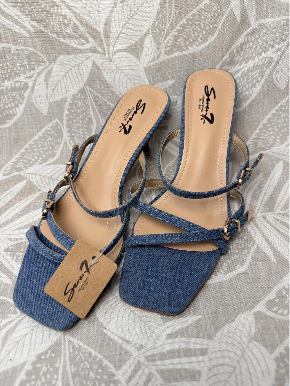 Seven7 Denim Strappy Heels with Square Toe and Adjustable Buckle Ankle Straps -